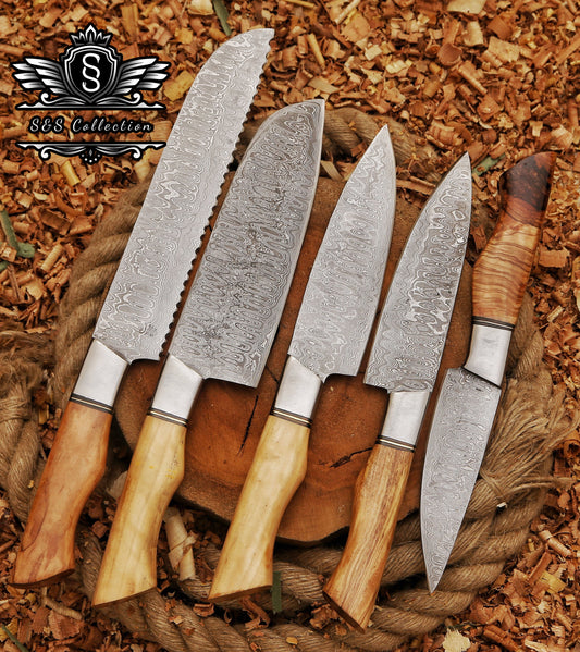 Handmade Damascus steel Chef Set father's Day Gift Personalized Gift Outdoor Hunting Kit Gift for Boyfriend Gift for Men Father's Day Gift