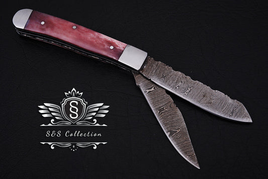 Handmade Damascus steel Double Blade Pocket Knife Father's Day Gift For Men Groomsman Personalized Gift Wedding Anniversary Gift for Boyfriend Husband