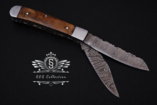 Handmade Damascus steel Double Blade Pocket Knife Father's Day Gift For Men Groomsman Personalized Gift Wedding Anniversary Gift for Boyfriend Husband