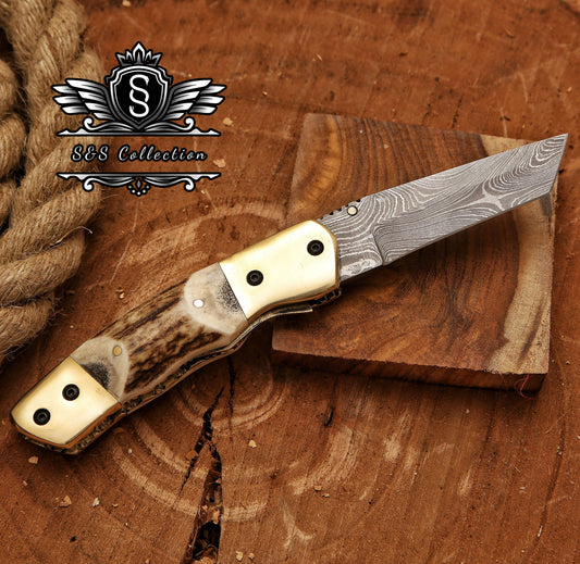 Handmade Damascus steel Pocket Knife Father's Day Gift For Men Groomsman Personalized Gift Wedding Anniversary Gift for Boyfriend Husband