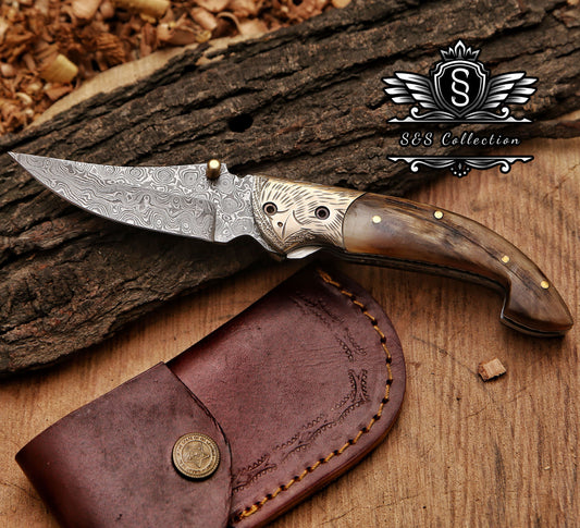 Handmade Damascus steel Pocket Knife Father's Day Gift For Men Groomsman Personalized Gift Wedding Anniversary Gift for Boyfriend Husband