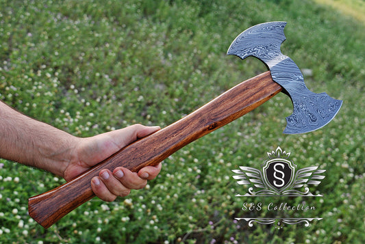 Custom Gift Hand Forged Damascus Steel VIKING AXE with Rose Wood Shaft, Wedding Gift, Axe, Axes Best Birthday & Anniversary Gift For Him