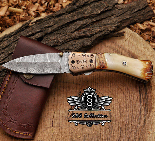 Handmade Damascus steel Pocket Knife Father's Day Gift For Men Groomsman Personalized Gift Wedding Anniversary Gift for Boyfriend Husband
